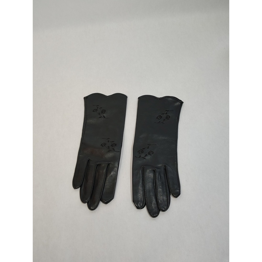 VTG Black‎ Vinyl Gloves Floral Embossed Scalloped Edge Size 6 Womens Lined